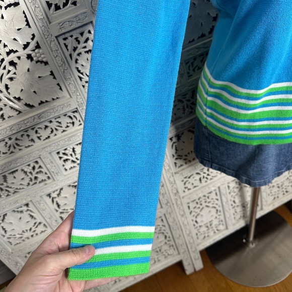 Vintage 70's Haymaker Blue 7 Green Striped Preppy Golf Button Up Cardigan Sz M - Picture 4 of 7